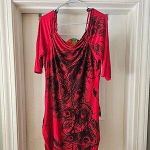 Red Dress with Black Peacock Feather Design